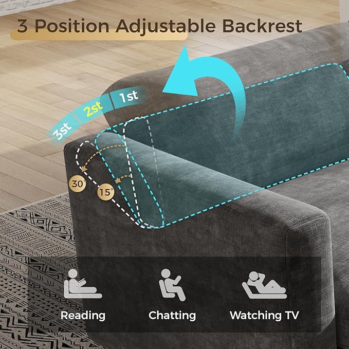 KKL Modular Sectional Oversize Sofa - Apartment Sofa Bed with Adjustable Backrest, 113" L Shaped Couches for Living Room, Down Filled Sectional Couch with Storage Ottoman Chenille, Grey