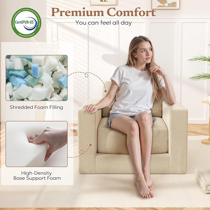Bean Bag Chair, Large Beanbag Chair for Adults, Comfy Foam Floor Sofa with Pillows and Armrests, Plush Chair Bean Bag Couch for Bedroom Living Room, (Teddy Boucle Fabric, Beige)