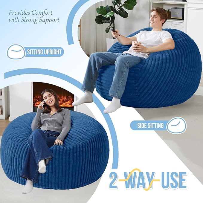 Homguava 4 FT Bean Bag Chair,4' Big Bean Bag,Large Bean Bag Chairs for Adults with Memory Foam Filled,Comfy Beanbag Chairs Soft Bean Bag Sofa with Dutch Corded Plush Cover-Blue