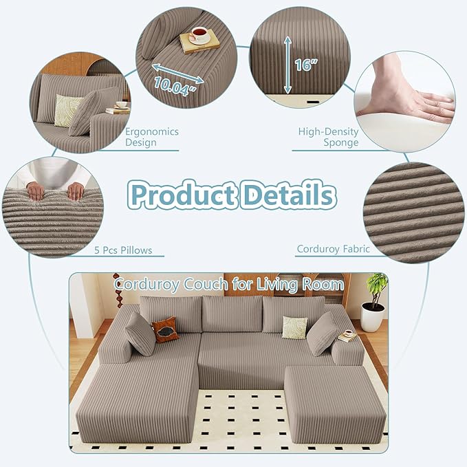 96" W Cloud Sectional Couch with Ottoman,Modern U-Shaped Cloud Couch with Deep Seat,Comfy Corduroy 3-Seater Sofa,Memory Foam Sofa for Living Room,No Assembly (Camel,Left-Facing Chaise)