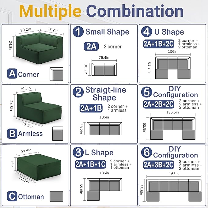 38“ Modular Sectional Sofa Convertible Cube Couch Seat Set, Combine L-Shaped U-Shaped, Free Assembly, Space-Saving for Living Room, Thick Foam Fabric Chenille Green (Only Corner)