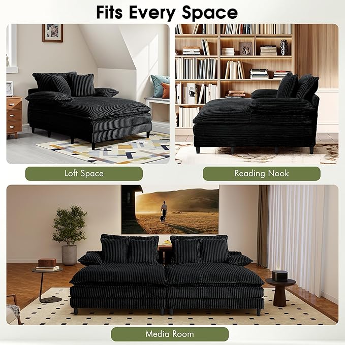 54.8" W Oversized Chaise Lounge Chair Indoor with 5-Position Adjustable Backrest, Corduroy Sleeper Sofa Bed with 3 Pillows, Modern Cloud Couch Chair for Living Room, Bedroom, Black
