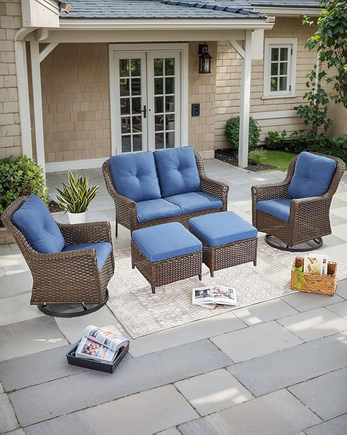 ACTREST Patio Ottoman Outdoor Wicker Side Table - 2PCS Multipurpose Heavy Duty All-Weather Brown Rattan Extra Seating Bench Footrest Footstool for Garden Back Porch Poolside Apartment - Navy Blue