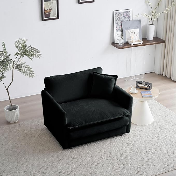 Aoowow Single Deep Seat Sofa Comfy Chenille Couch,Modern Upholstered Accent Armchair with Pillow for Living Room Bedroom Apartment(Black)