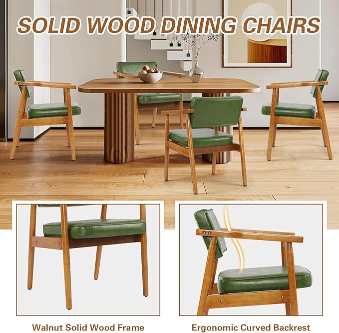 LSSPAID Mid Century Dining Chairs Set of 4, Pu Leather Upholstered Armchair with Wooden Handrail & Comfy Backrest, Modern Kitchen Chairs for Living Room Dining Room, Green