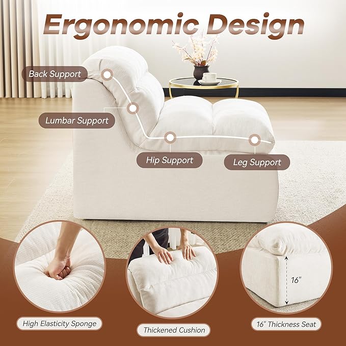 WUTUTUEE Boneless Chair, Double-Layer Armless Floor Sofa with High Density Memory Foam, No Assembly Togo Sofa, Chenille Bean Bag Chairs for Living Room, Bedroom, Comfy Cloud Chair (Beige)