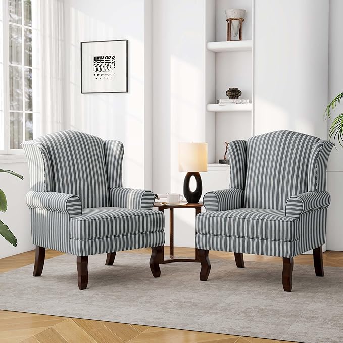 DREAMSIDEA Accent Chair, High Back Upholstered Armchair with High Resilience Sponge & Wood Legs, Mid-Century Modern Comfy Single Sofa Reading Chairs for Living Room, Bedroom (Stripe Grey, Set of 2)