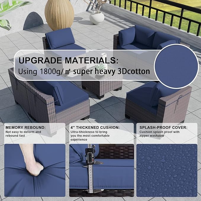 Kullavik 7 Pieces Outdoor Patio Furniture Set,Wicker Outdoor Sectional Sofa,All-Weather Patio Conversation Sets with Washable Thick Cushions & Coffee Table for Garden,Backyard,Balcony,Porch,Navy Blue