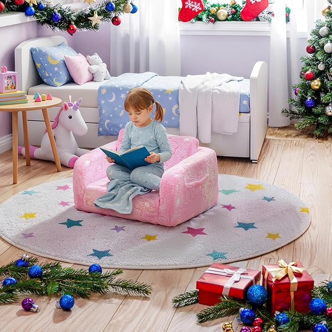 Lamerge 2-in-1 Soft Toddler Couch Fold Out,Foldable Toddler Chair, Glow in The Dark Kids Sofa for playroom,Convertible Foam and Floor Cushion for Boys and Girls (Pink and Clouds)