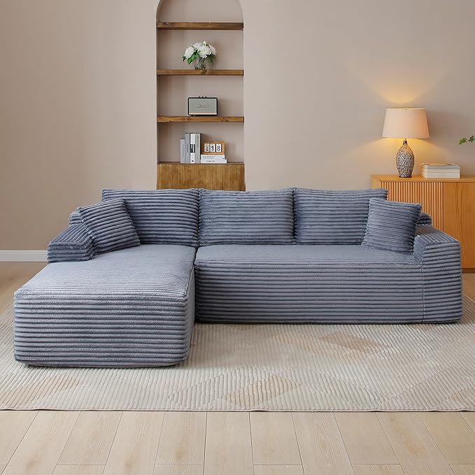 95" Boneless Cloud Sectional Couches for Living Room, Comfy Fluffy L Shaped Memory Foam Deep Seat Boneless Couch, Modular Sectional Sofa with Left Facing Chaise, Grey