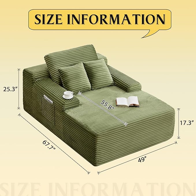 POINTANT 49”W Chaise Lounge Indoor, Oversized Couch Chair with 3 Throw Pillows, Corduroy Upholstered Boneless Sofa Bed,Lazy Bed Sleeper Reading Chairs for Living Room Apartment, No Assembly (Green)