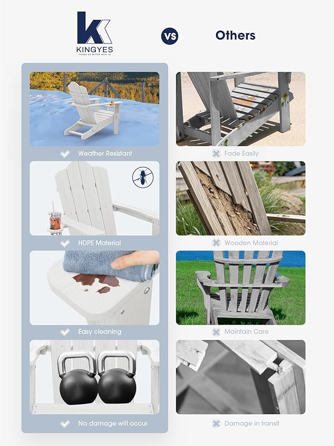 KINGYES Folding Adirondack Chair Set of 6, HDPE All-Weather Patio Chairs with Cup Holder, Wooden Textured Fire Pit Chairs for Poolside, Backyard, Deck, White