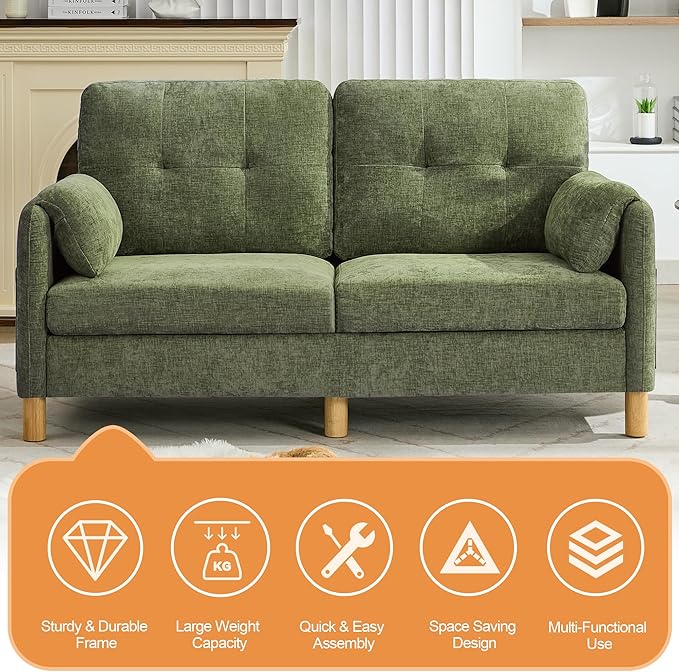 WUTUTUEE 65" Chenille Loveseat Sofa, Modern 2-Seater Love Seat Couch with Armrest Pillows, Storage Pockets, Easy Assembly, Upholstered Tufted Loveseat Couches for Living Room Bedroom, Green