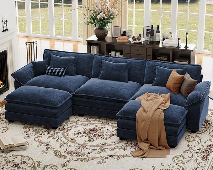 CDCASA 120" Oversized Modular Sectional Sofa, Comfy U-Shaped Cloud Couch w/ 2 Movable Ottoman, 5-Seater Chenille Deep Seat Modern Sofa Couch for Living Room, DIY Combination, Blue