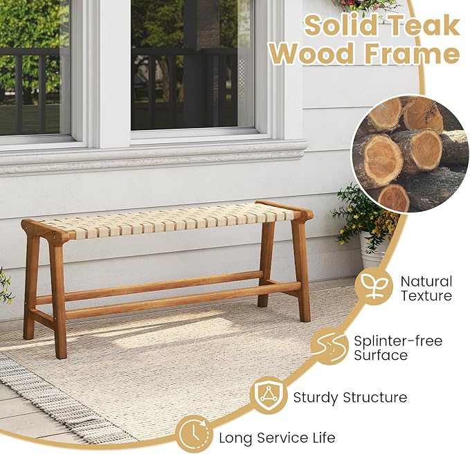 Tangkula Teak Wood Outdoor Bench, Patio Backless Wooden Dining Bench with Weave Seat, Solid Wood Legs, Indoor & Outdoor Wooden Bench for Porch, Backyard, Deck, Entryway (Natural,1)