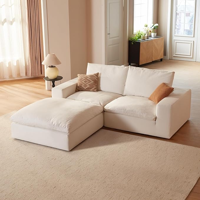 Vorthio Cloud Couch Sectional Oversized Modular Sofa with 35'' Deep Seat Boneless Couch L-Shape Comfy Sofa Stain-Resistant White Sectional Couches for Living Room Apartment Loveseat with Ottoman