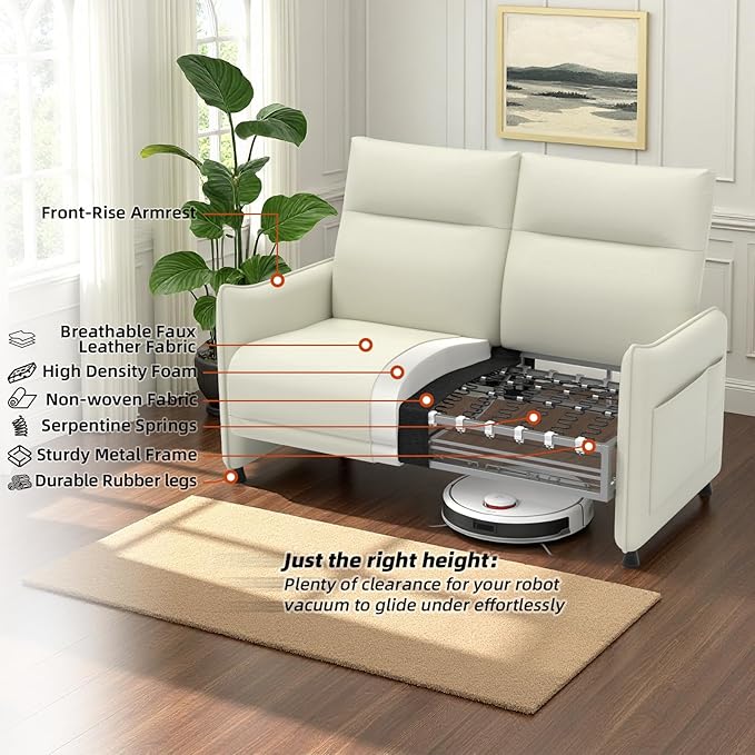 3-Piece Living Room Sofa Set, Faux Leather Loveseat & Accent Chairs Set of 2 with Hidden Foldable Tray & Side Pocket, Front Contour Arm Design, Upholstered Sofa Set for Office, Beige