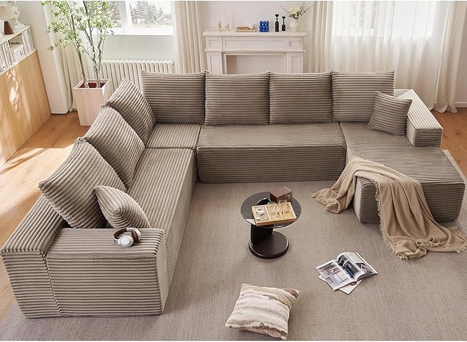 Sectional Cloud Couch with L-Shape Chaise, Modern Modular Comfy Sofa with Deep Seat, Upholstered Corduroy Couches Stupendous U Shaped Sofas for Living Room Bedroom, No Assembly Required, Camel