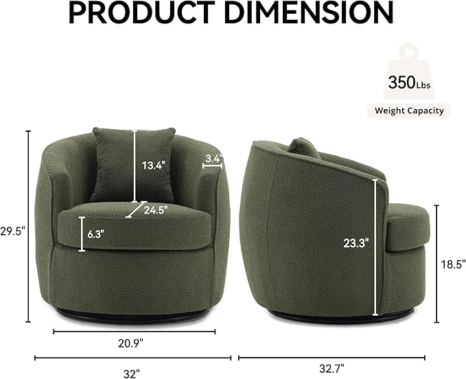 FaFaSoGoodFa Swivel Accent Chair Set of 2, Modern Upholstered Boucle Barrel Arm Chairs with Pillow for Living Room, 360 Degree Round Swivel Sherpa Armchair with Round Base for Bedroom Club (2, Green)