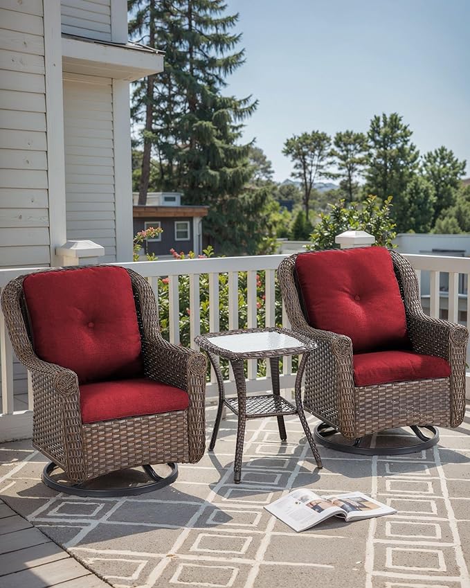 ACTREST 3 Piece Patio Swivel Chairs and Side Table Set - High Back Outdoor Brown Wicker Rattan Rocking Glider with Thick Cushions for Porch Apartment Deck Yard Poolside Garden - Red