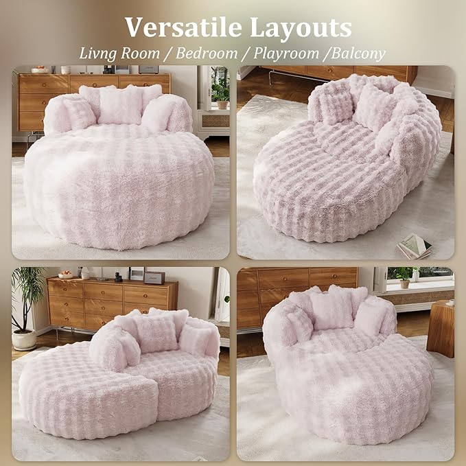 55" W Oversized Round Chaise Lounge Chair with Ottoman Indoor Boneless Faux Fur Plush Fluffy Circle Couch Soft Comfy Cozy Cloud Reading Chair with 5 Pillows for Living Room, Playroom, Bedroom - Pink