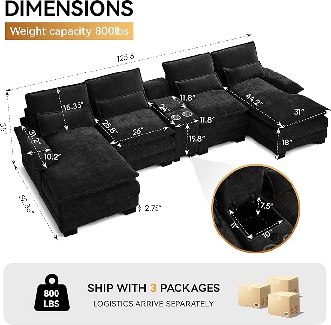 125'' U Shaped Cloud Modular Sofa with Chaise Lounges, Chenille Upholstered Comfy Sectional Couch with Storage Console, USB Charging Ports & Cup Holders, Small Deep Seat Sofa for Living Room, Black