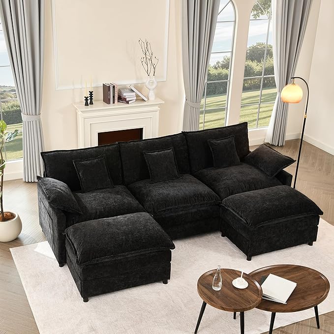 GOSUHI 108" U Shaped Couch, Modular Sectional Sofa, 3-Seater Comfy Cloud Couch with Movable Ottoman, Deep Seat Couches for Living Room, Chenille, Black