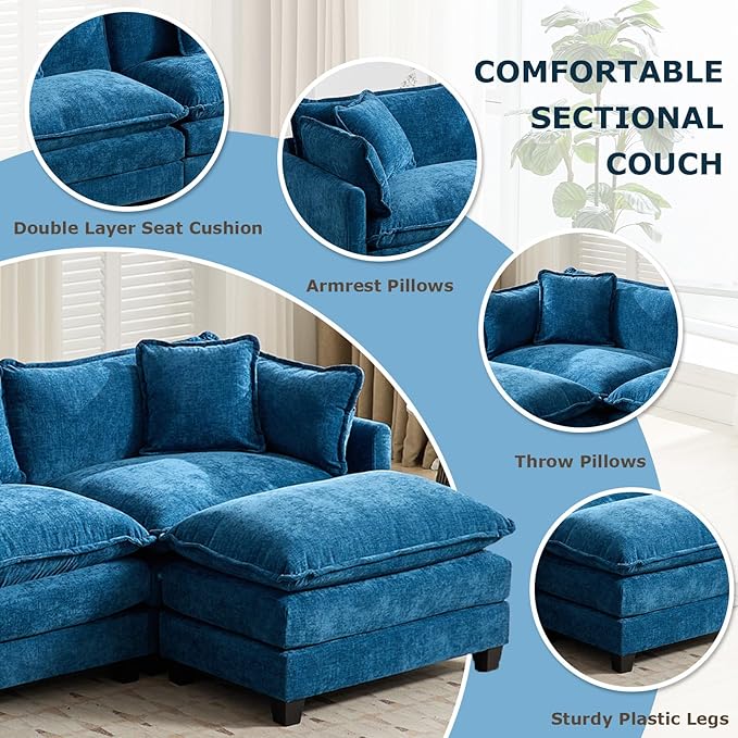 SoarFlash 77.95" Chenille Sectional Sofa, Comfy Modular Loveseat Sofa, Modern 2-Seat Couch Deep Seat Sofa Set for Living Room,Blue