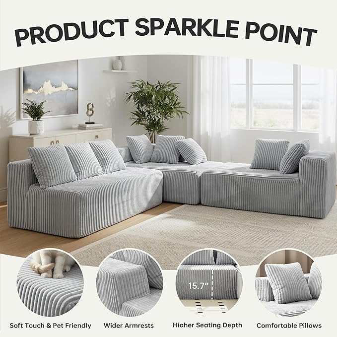 130" Boneless Couch, Cloud Couch Sectional, Corduroy Sofa for Living Room, U Shaped Modular Sofa with Chaise, No Assembly, 4 Seats Oversized (Grey)
