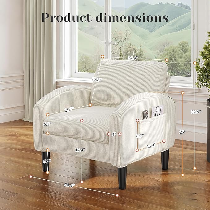 Accent Chair Set of 2,Comfy Living Room Chair with 2 Side Pockets,Mid Century Modern Reading Chair for Bedroom,Upholstered Armchair for Office, Apartment, Small Room,Beige