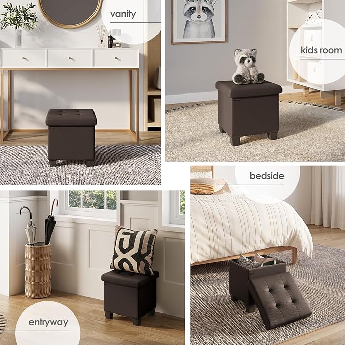 Storage Ottoman Cube with Small Bin, 16-in Square Ottoman with Storage for Living Room and Bedroom, Small Ottomans Foot Rest, Faux Leather Foot Stools Ottomans Max 330lbs, Brown