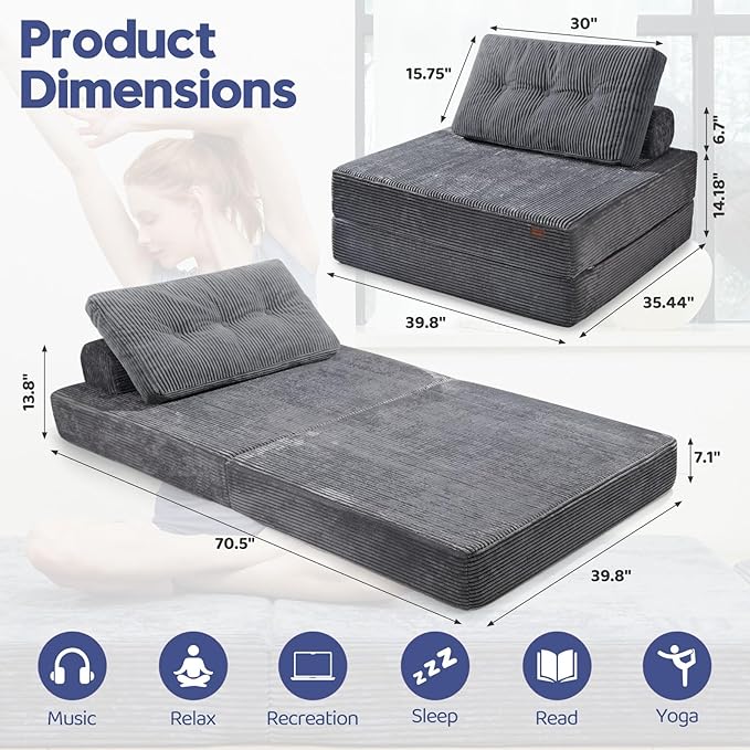 Floor Sofa Bed,Convertible Sleeper Chair with High-Density Support Foam,Portable 3 in 1 Fold Out Chair to Floor Lounger,Perfect for Living Room、 Bedroom 、 Apartment,Twin Size,Dark Gray