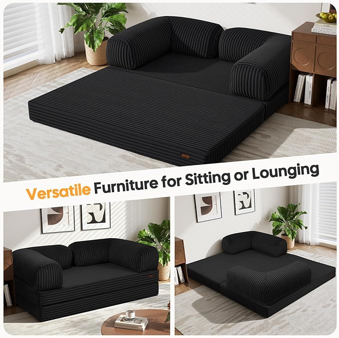 COMAX Futon Sofa Bed, 4-in-1 Floor Foldable Sofa Couch Bed Queen with L-Shaped Armrests, Convertible Folding Chair Bed Sleeper Mattress Fold Out Comfy Lounge for Living Room Bedroom, Faux Fur Black