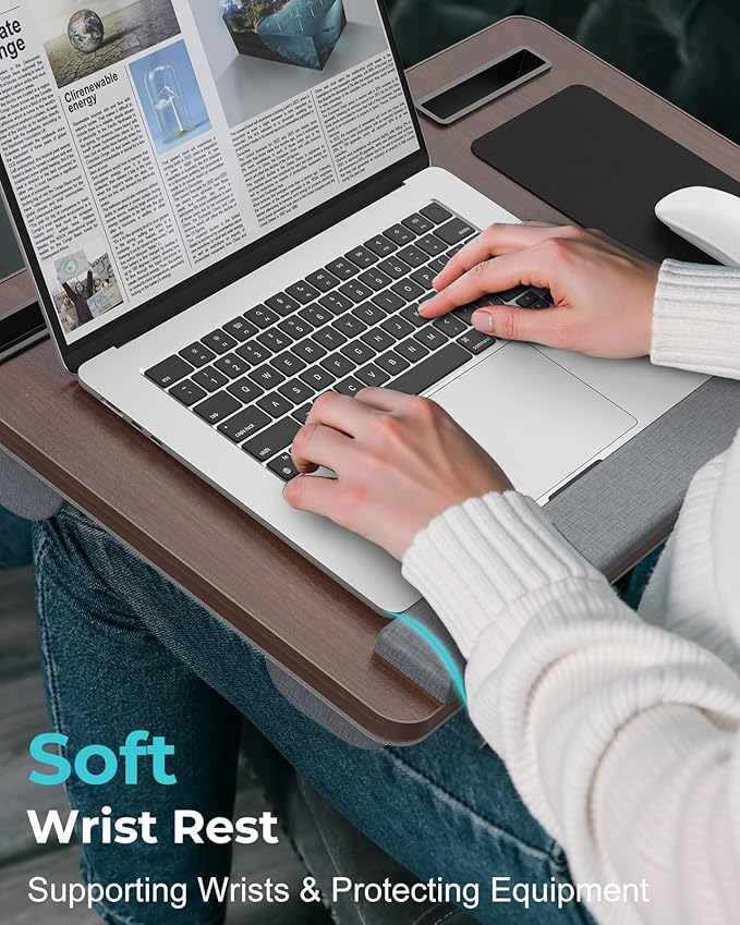 Lap Desk - Up to 17” Laptop Tray with Wrist Rest, Portable Handle, Fixed Mouse Pad, Tablet & Phone Slots, Laptop Lap Desk with Cushion (Dark Brown)