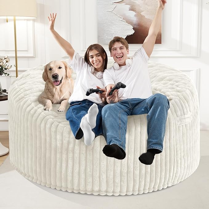 Homguava 5 FT Bean Bag Chair,5' Big Bean Bag,Giant Bean Bag Chairs for Adults with Memory Foam Filled,Comfy Large Beanbag Chairs Soft Bean Bag Sofa with Dutch Corded Plush Cover-White