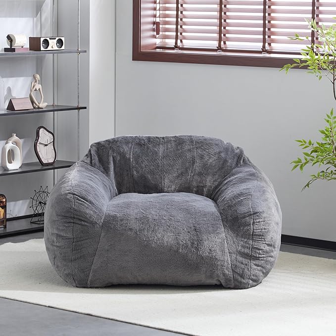 Indoor Bean Bag Chair,Faux Fur Lounge Seat with Shredded Memory Foam Fill – Ergonomic, Eco-Friendly, Comfort Space-Saving Floor Seating for Bedroom Dorm Apartment Living Room,Gray