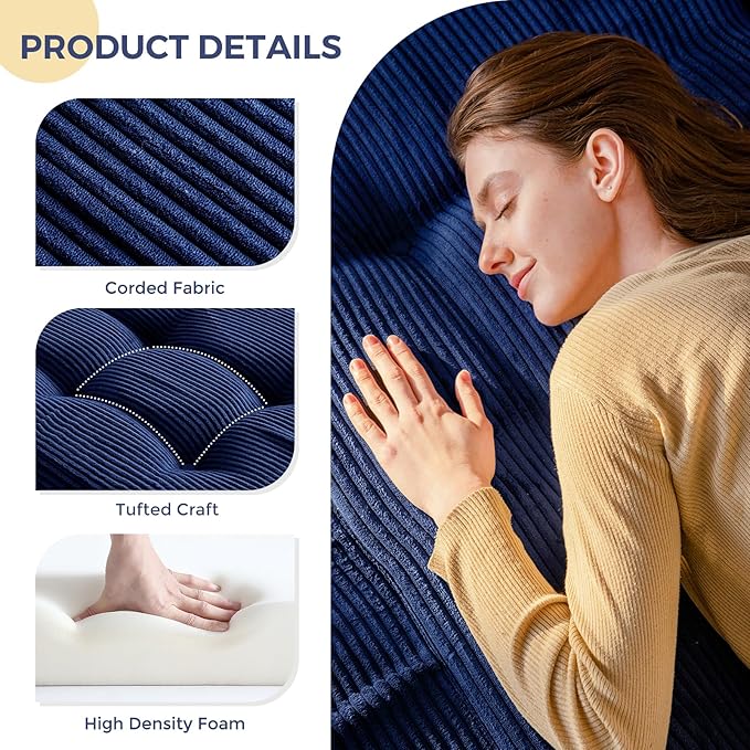 MAXYOYO Tri-Fold Mattress, 6 Inch Tufted Folding Futon Foam Bed, Foldable Floor Mattress Guest Bed Futon Topper Portable Camping Sleeping with Corded Fabric, Navy, 35.4"x75"