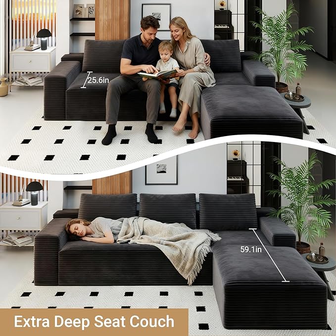 KAPEETOO Modular Sectional Sofa Cloud Couch for Living Room, Right L Shaped Boneless Couch with Chaise Longue, Oversize 3-Seater Sectional Sleeper Sofa Set with Deep Seat Bedroom (Grey)