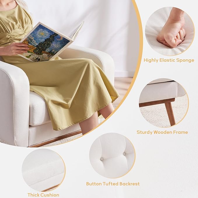 HUIMO Fabric Accent Chair, Mid Century Modern Arm Chair Button Tufted Living Room Chairs Easy to Install, Upholstered Comfy Sofa Chair for Bedroom Study Office Reading Corner (White)