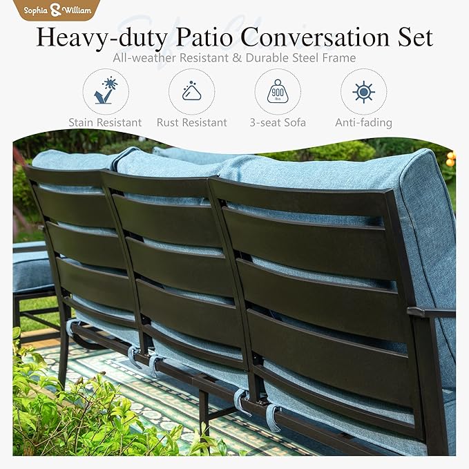 Sophia & William Patio Furniture Sets 7 Seats Outdoor Conversation Set 6 Pcs,2 x Cushioned Swivel Sofa Chairs,1 x 3-Seat Sofa,2 Ottomans, Marbling Metal Coffee Table Patio Backyard Poolside Navy