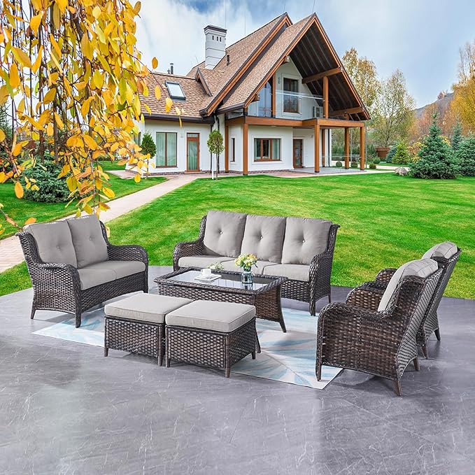 Outdoor Patio Furniture Sofa Set - 7 Piece Rattan Wicker Patio Sectional Conversation Sets with 1 Sofa,1 Loveseat,1 Coffee Table,2 Armrest Chairs and 2 Ottomans for Porch Deck Garden(Brown/Grey)