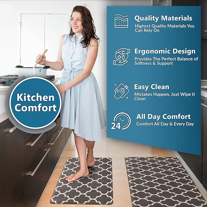 ComfiLife Kitchen Mats for Floor (2 PCs) – Cushioned Anti Fatigue Kitchen Rug for Comfortable Standing – Waterproof, Easy Clean, Non-slip, Thick Kitchen Mat Set for Home, Office, Sink, Laundry (Brown)