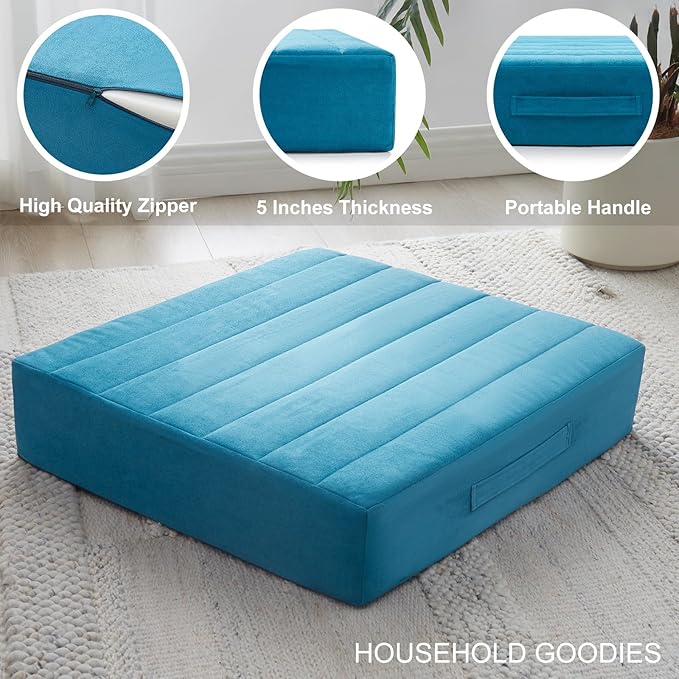JKMAX 22 inches Floor Pillow for Adults - Large Meditation Cushion with Thick Foam & Soft Tufted Cover - Premium Outdoor Square Floor Cushion Seat - Yoga Pillow for Sitting On Floor - Peacock Blue