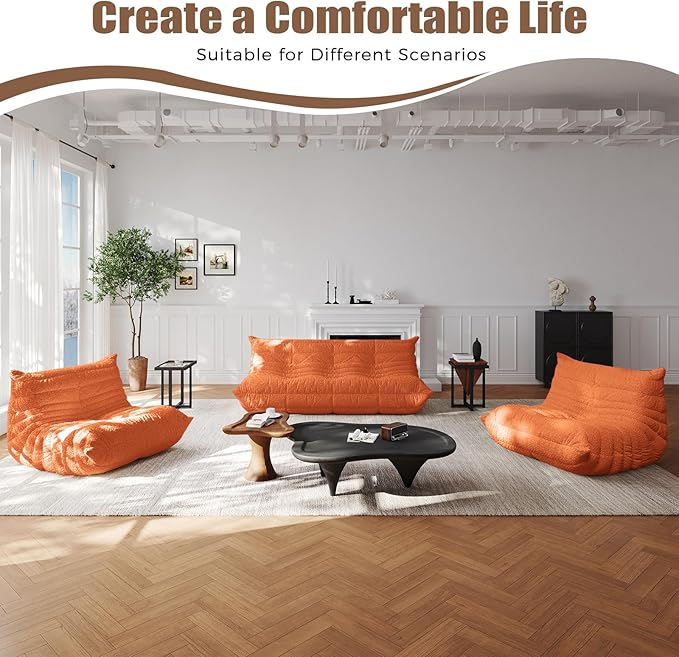 Selyteramy 3 Seat Oversized Bean Bag Chairs for Adults, Memory Foam Fireside Beanbag Couch, Comfy Bean Bag Lounger Lazy Sofa for Living Room, Bedroom, Playroom, Orange