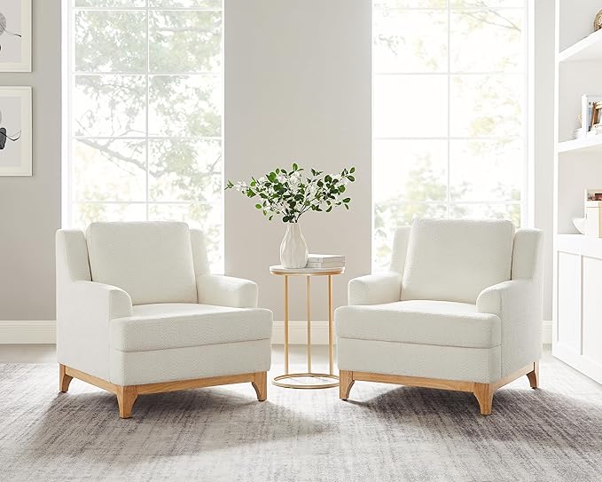 VANOMi Oversized Accent Chair, Modern Boucle Armchair with Wood Legs, Modern Reading Chair with Thick Cushion, Comfy Chairs for Living Rooms, Bedrooms, Reading nooks and Apartments