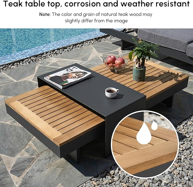 homary Outdoor Conversation Sets, 6 Piece Aluminum & Teak Patio Sectional Sofa Set with Adjustable Backrests, Waterproof Cushions, Ideal for Patios & Balconies | Waterproof Cushions, Adjustable Backrests, Fade Resistant, Modular design, Outdoor Materials