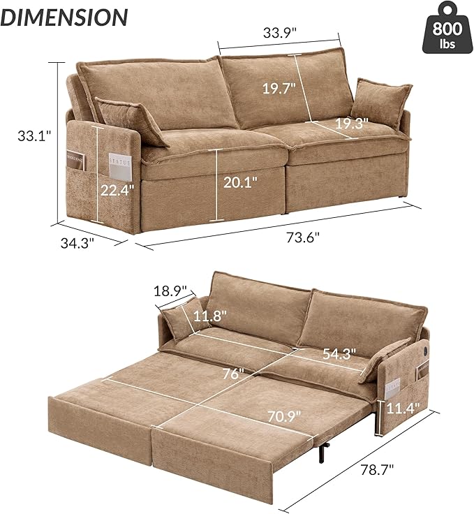 GRAINLLE King Size Pull Out Couch,3-in-1 Corduroy Sleeper Sofa Couch with Pull Out sofa bed,USB & Side Storage,Convertible Loveseat Sleeper couch for Living Room, Bedroom, pet-friendly (Khaki, 73.6'')