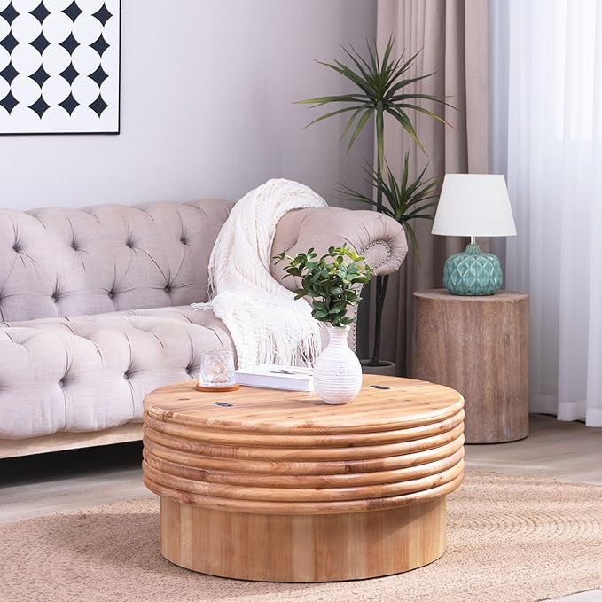 30.3" Round Wooden Coffee Table with Hidden Storage,Modern Rustic Centerpiece for Living Room,Natural Finish