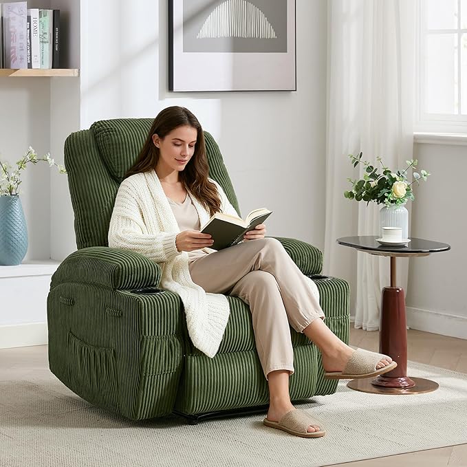 Massage Recliner Chair with Heat - Ultra-Comfortable Reclining (135° Adjustable), Dual Cup Holders & Side Storage Pockets, Easy Tool Assembly, Dark Green