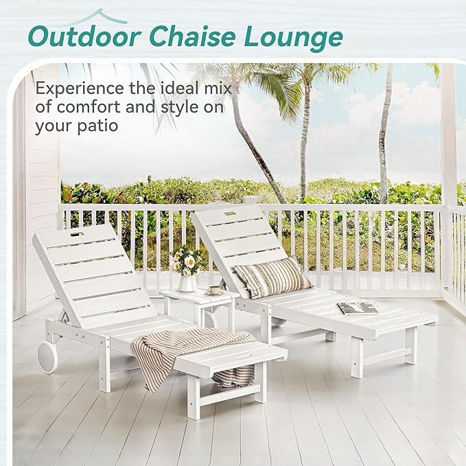 Homenjoy Outdoor Chaise Lounge Chairs with Table, 3-Piece, 26.8” Super Wide Lounge Chair Outdoor, HDPS Pool Chairs with 5 Positions, Patio Lounge Chair with Wheels for Pool,Lawn,Backyard, White